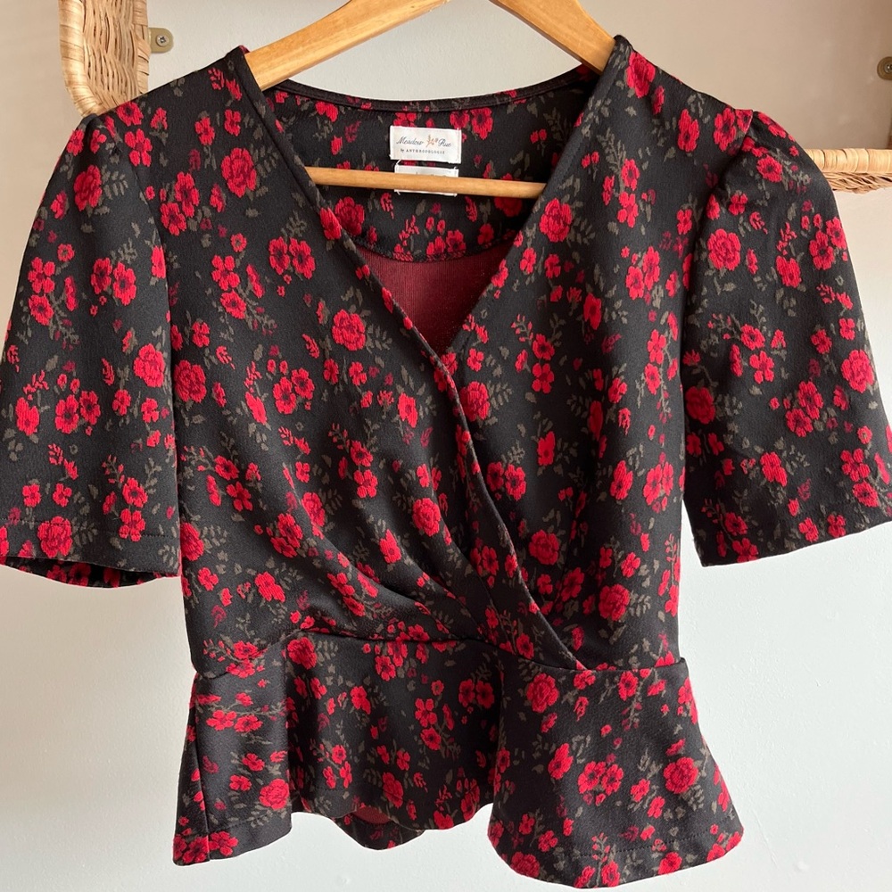 Anthropologie Red and Black Floral Wrap Blouse meadow rue XS/S top retro poppy